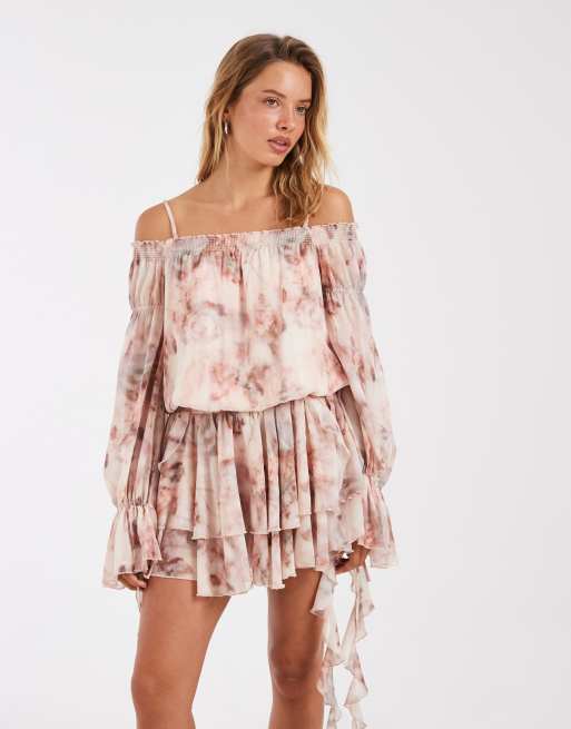 Kiss the Sky boho off shoulder mini dress with asymmetric ruffles in pink multi, 2 of 4