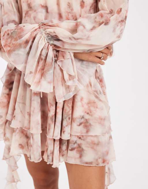 Kiss the Sky boho off shoulder mini dress with asymmetric ruffles in pink multi, 3 of 4