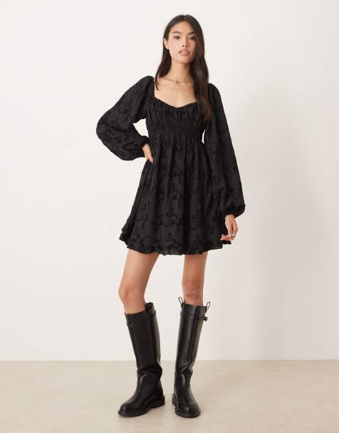 Kiss The Sky bonet long sleeve jacquard babydoll dress in black - view 1