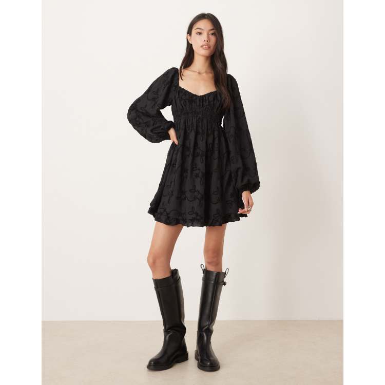 Kiss The Sky bonet long sleeve jacquard babydoll dress in black | ASOS