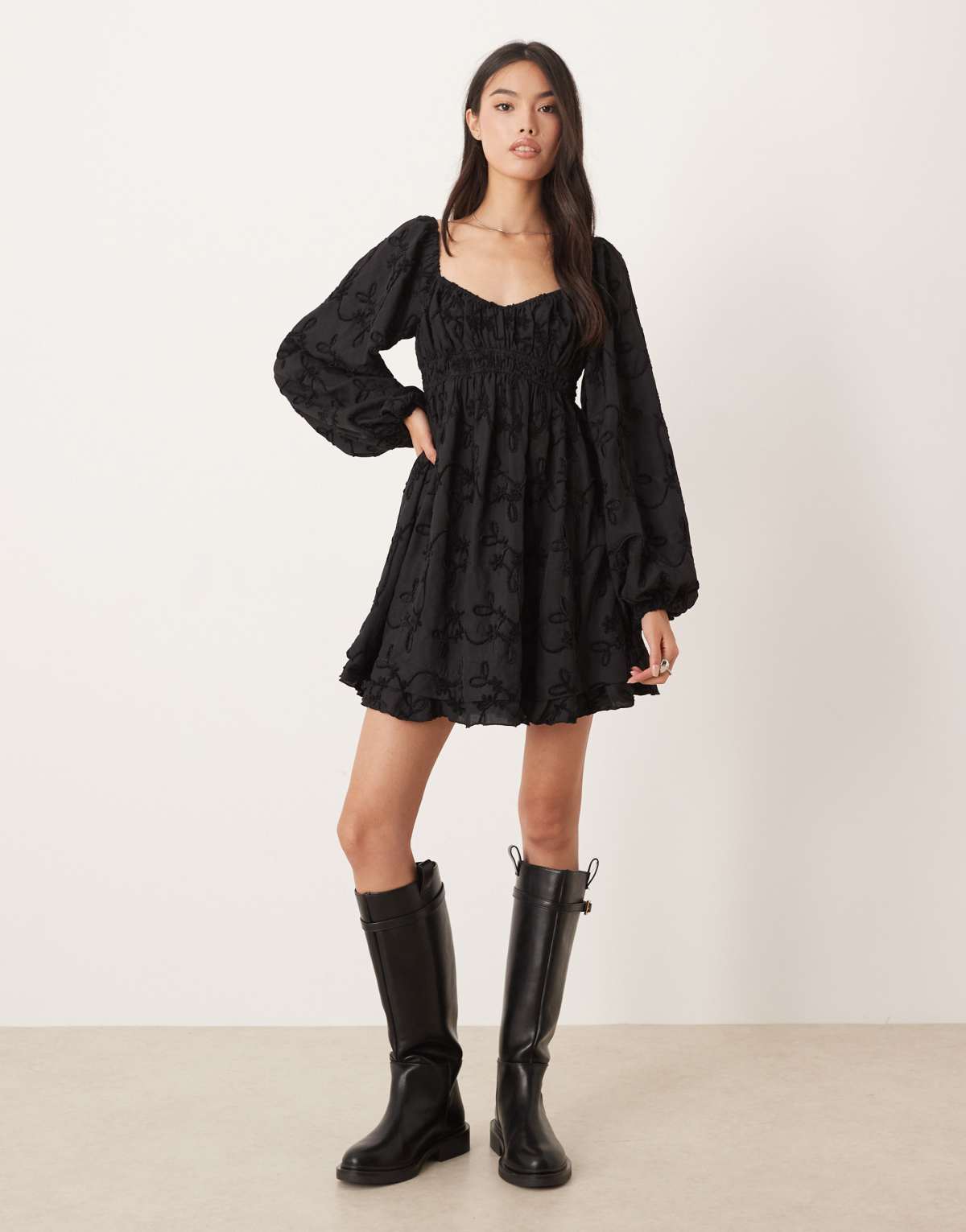 Kiss The Sky bonet long sleeve jacquard babydoll dress in black