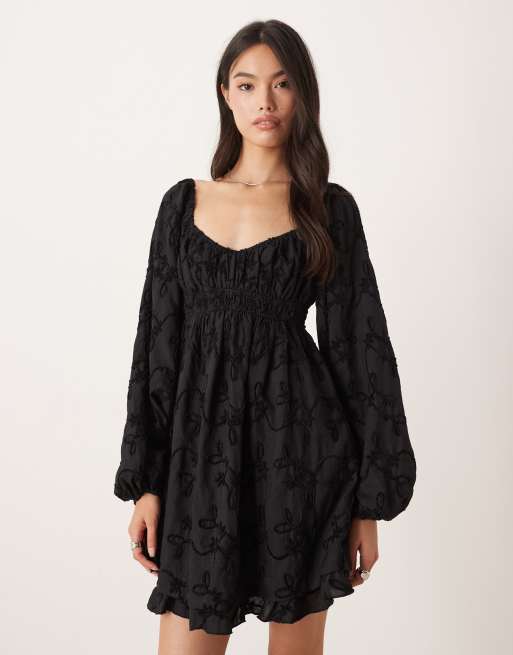 black babydoll long sleeve dress JSKUMAR Lantern Long Sleeve Dress for Women V Neck Tunic High Waist Tiered Knee Length Ruffled Babydoll Mini Dress Summer 2025 Black,M, Women's, Size: