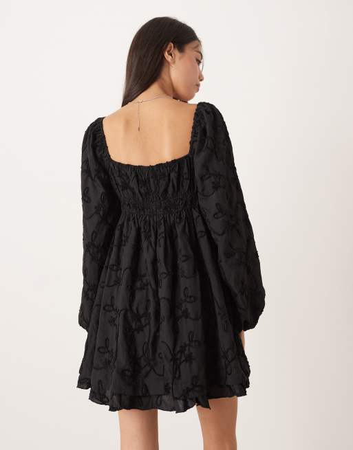 knee length dresses for ladies Long Sleeve Ribbed Babydoll Dress with Pockets in Black main image 0