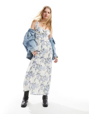 Kiss The Sky Bust Detail Chintz Floral Print Maxi Dress In Blue And White