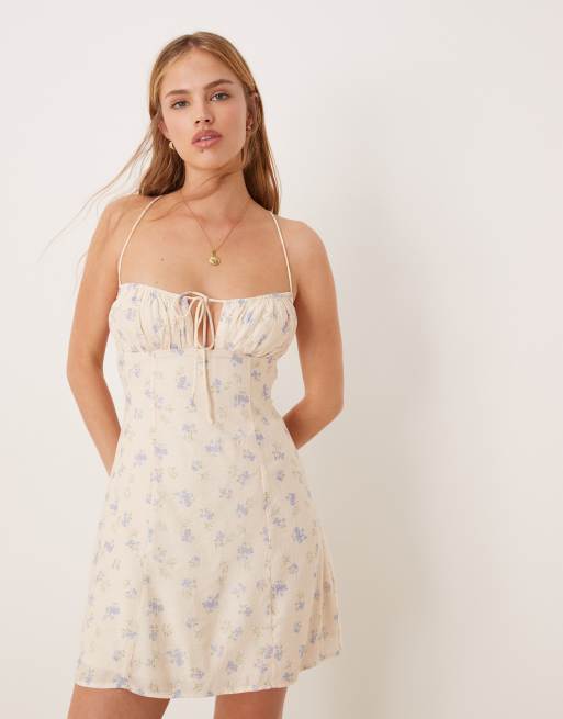 Kiss The Sky Bust Detail Floral Print Mini Dress in Cream and BLUE-MULTI