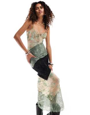 bust detail velvet devore and mesh maxi dress in green