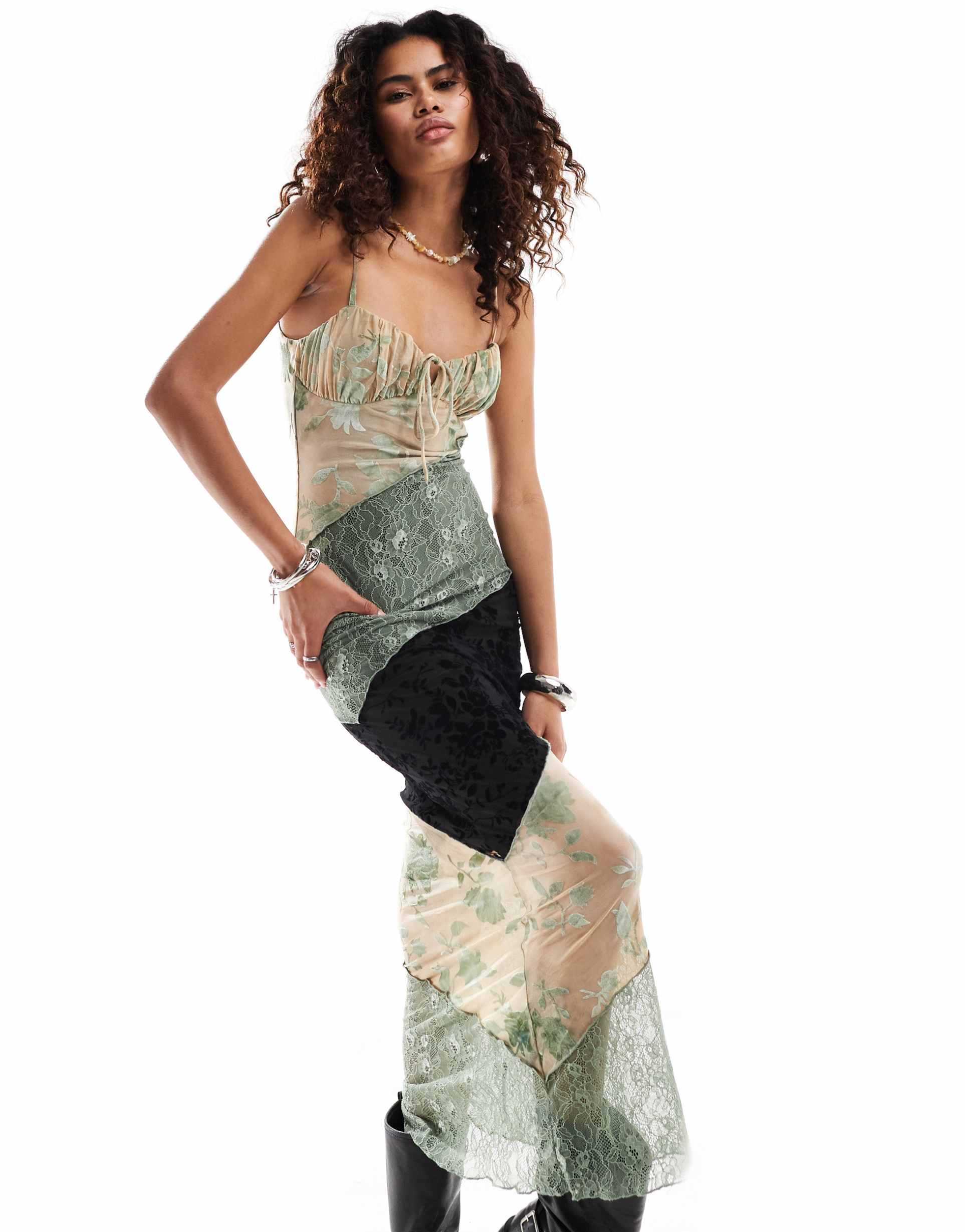 kiss the sky bust detail velvet devore and mesh maxi dress in green