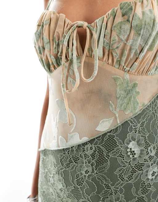 Kiss The Sky bust detail velvet devore and mesh maxi dress in green | ASOS
