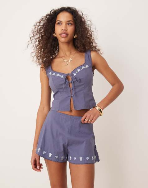 Kiss The Sky button up embroidered top with tie front in navy co-ord - view 1