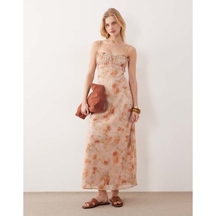 Kiss The Sky Cameron ruffle bodice bias cut floral maxi dress in peachy |  ASOS