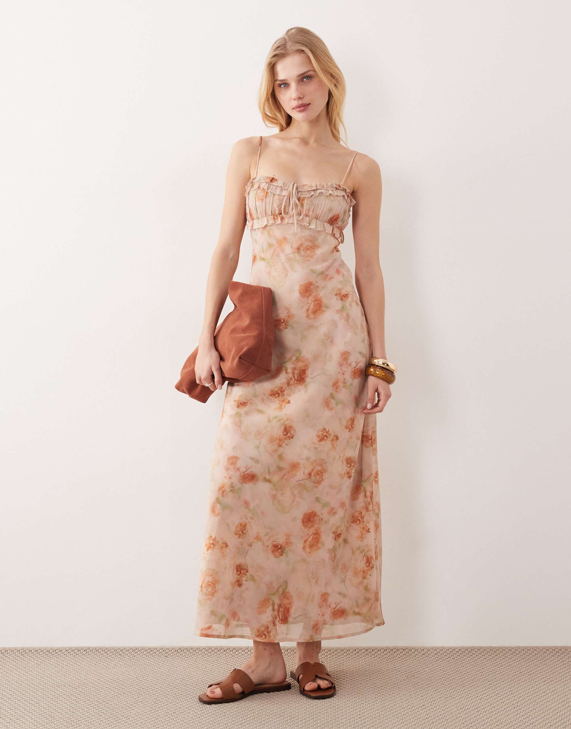 kiss the sky cameron ruffle bodice bias cut floral maxi dress in peachy