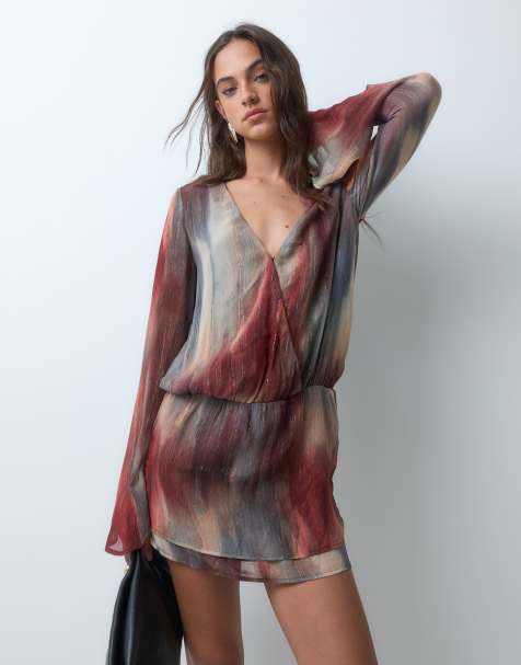 Kiss The Sky chiffon fluted long sleeve mini dress in red blue blur print - view 1