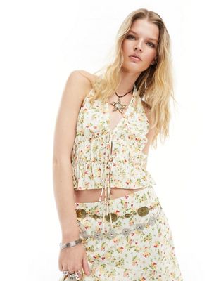 Kiss The Sky chintz floral tie-detail halter neck top co-ord in white