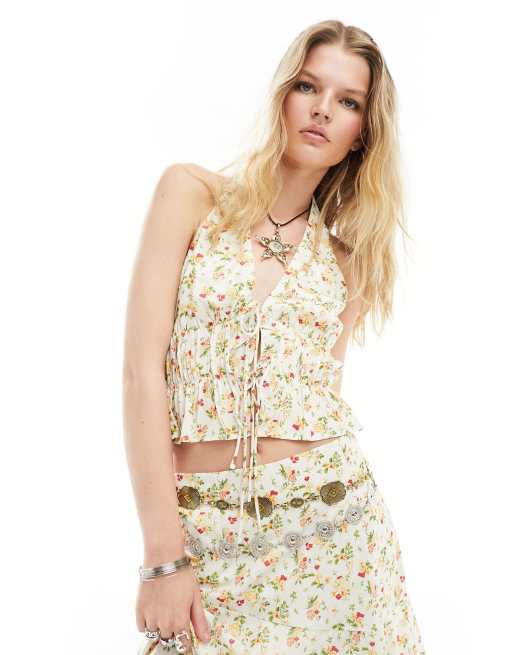 Kiss The Sky chintz floral tie detail halter neck top in white part of a set ASOS