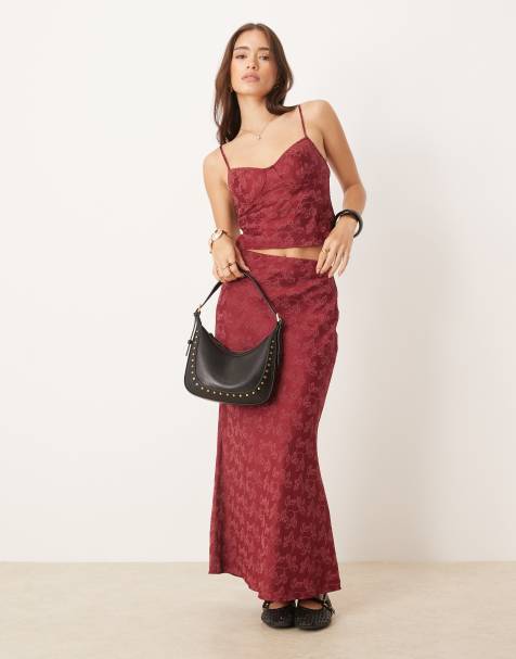Kiss The Sky satin jacquard lace midaxi skirt in rose