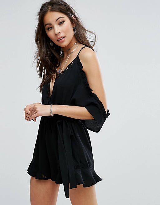 Kiss The Sky Cold Shoulder Playsuit With Ruffle Hem