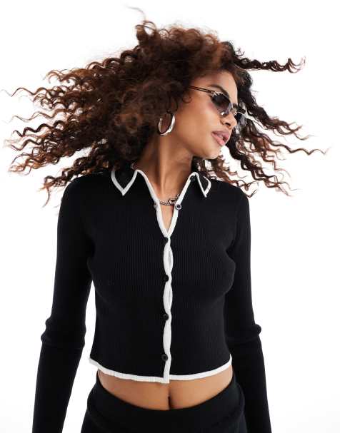 Kiss The Sky collared cardigan with white piping in black - view 1