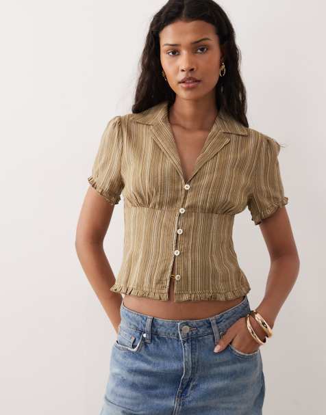 Kiss the Sky collared halter neck striped top in olive green - view 1