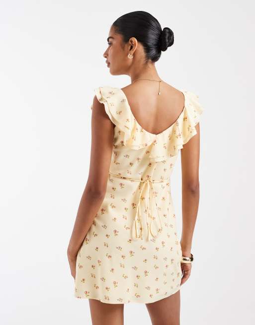 Kiss The Sky Debbie frill neckline mini dress in lemon floral print | ASOS