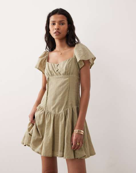 Kiss The Sky Eden textured drop waist mini dress in sage - view 1