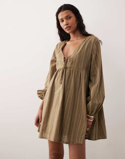 Kiss The Sky Ella long sleeve babydoll dress in olive green - view 1