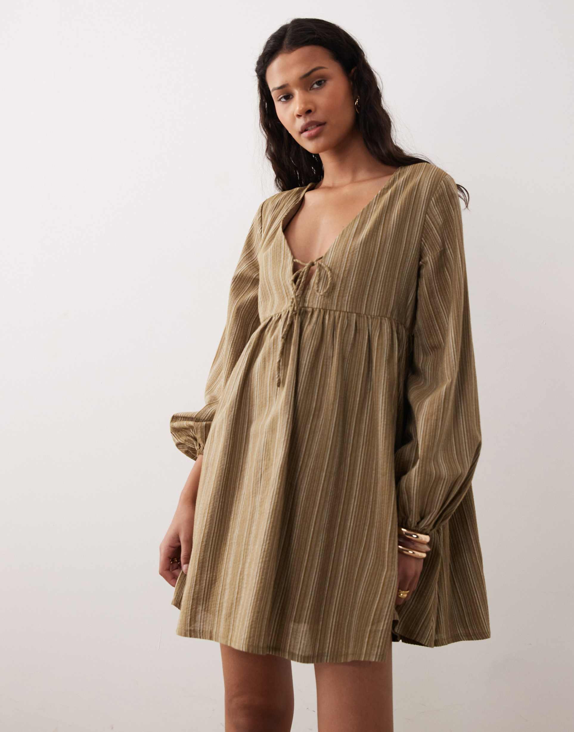 kiss the sky ella long sleeve babydoll dress in olive green