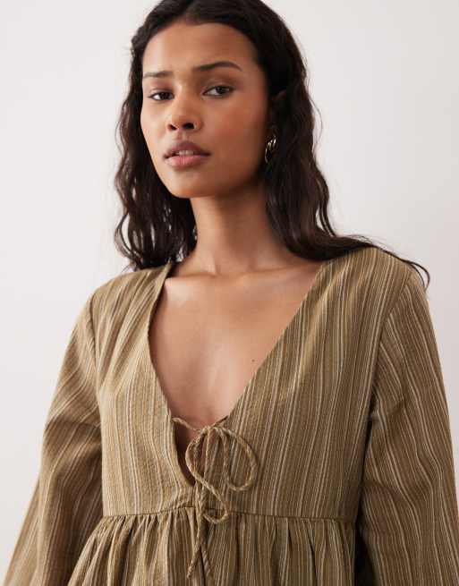 Kiss The Sky - Ella - Robe babydoll à manches longues - Vert olive, 3 de 4