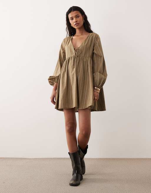Kiss The Sky - Ella - Robe babydoll à manches longues - Vert olive, 4 de 4