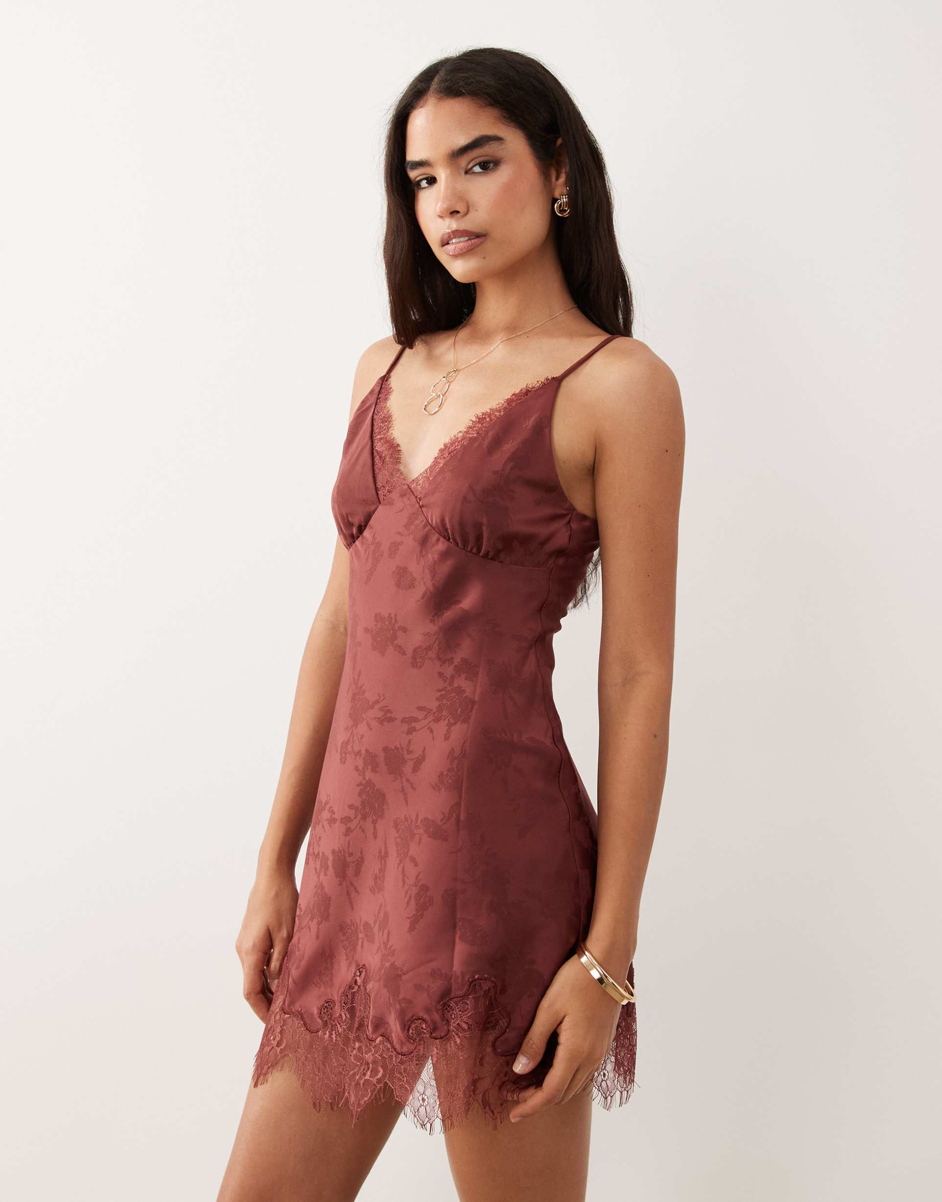 kiss the sky eyelash lace trim strappy mini dress in dark plum