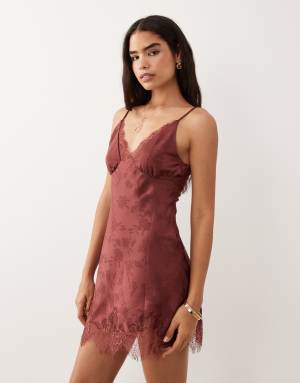 Kiss the Sky eyelash lace trim strappy mini dress in dark plum