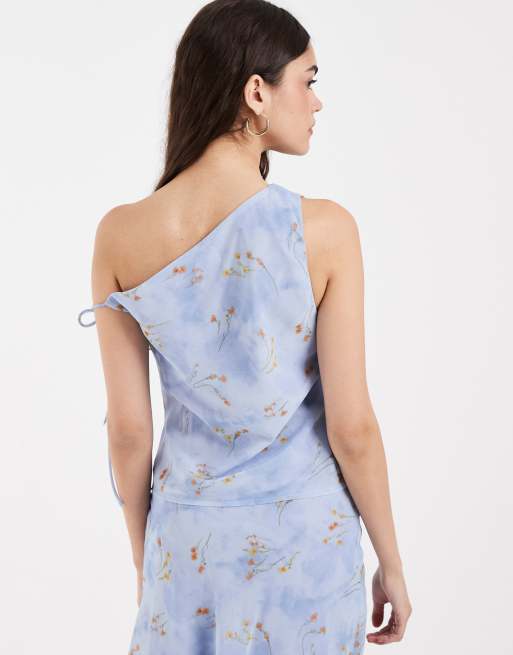 Kiss The Sky floral chiffon asymmetric tie side top in blue co-ord, 2 of 4