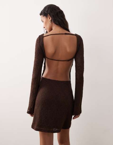 Kiss The Sky Freya long sleeve backless mini dress in brown lace - view 1