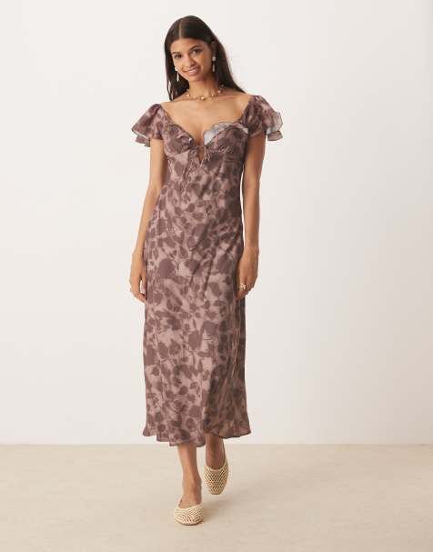 Kiss The Sky frilly midaxi dress with flutter sleeve in espresso - view 1
