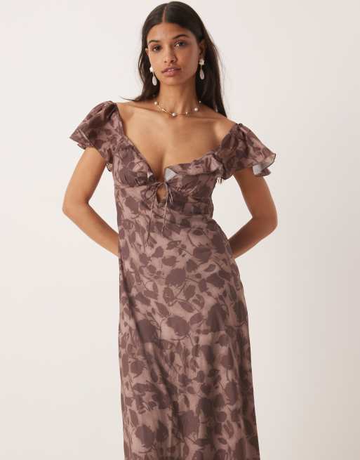 Kiss The Sky frilly midaxi dress with flutter sleeve in espresso, 3 of 4
