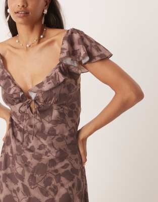Kiss The Sky Frilly Midaxi Dress With Flutter Sleeves In Brown