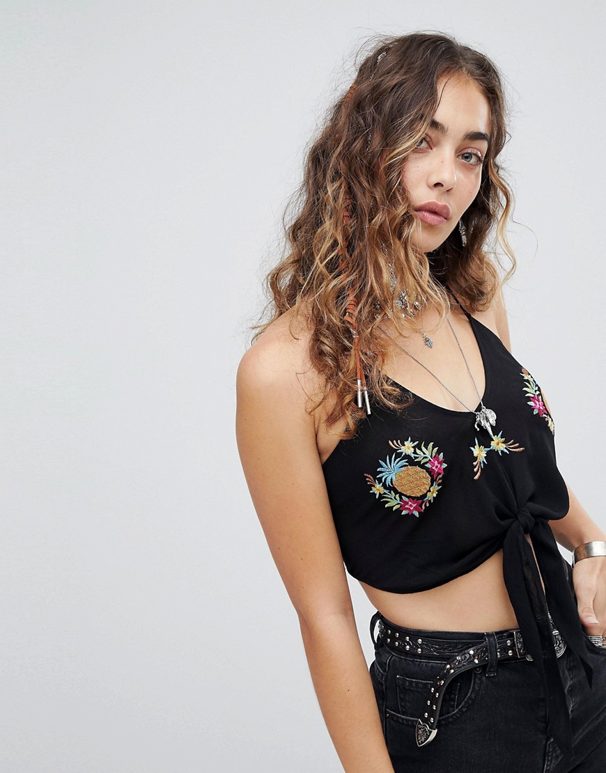 Kiss The Sky Halter Neck Crop Top With Pineapple Embroidery Co-Ord-Black
