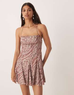 Kiss The Sky Halter Straps Animal Print Mini Dress In Brown