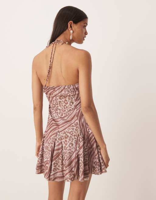 Kiss The Sky halter straps animal print mini dress in burgundy | ASOS