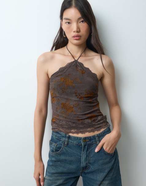 Kiss The Sky halterneck-top med burnout-blomsterprint i brun - view 1