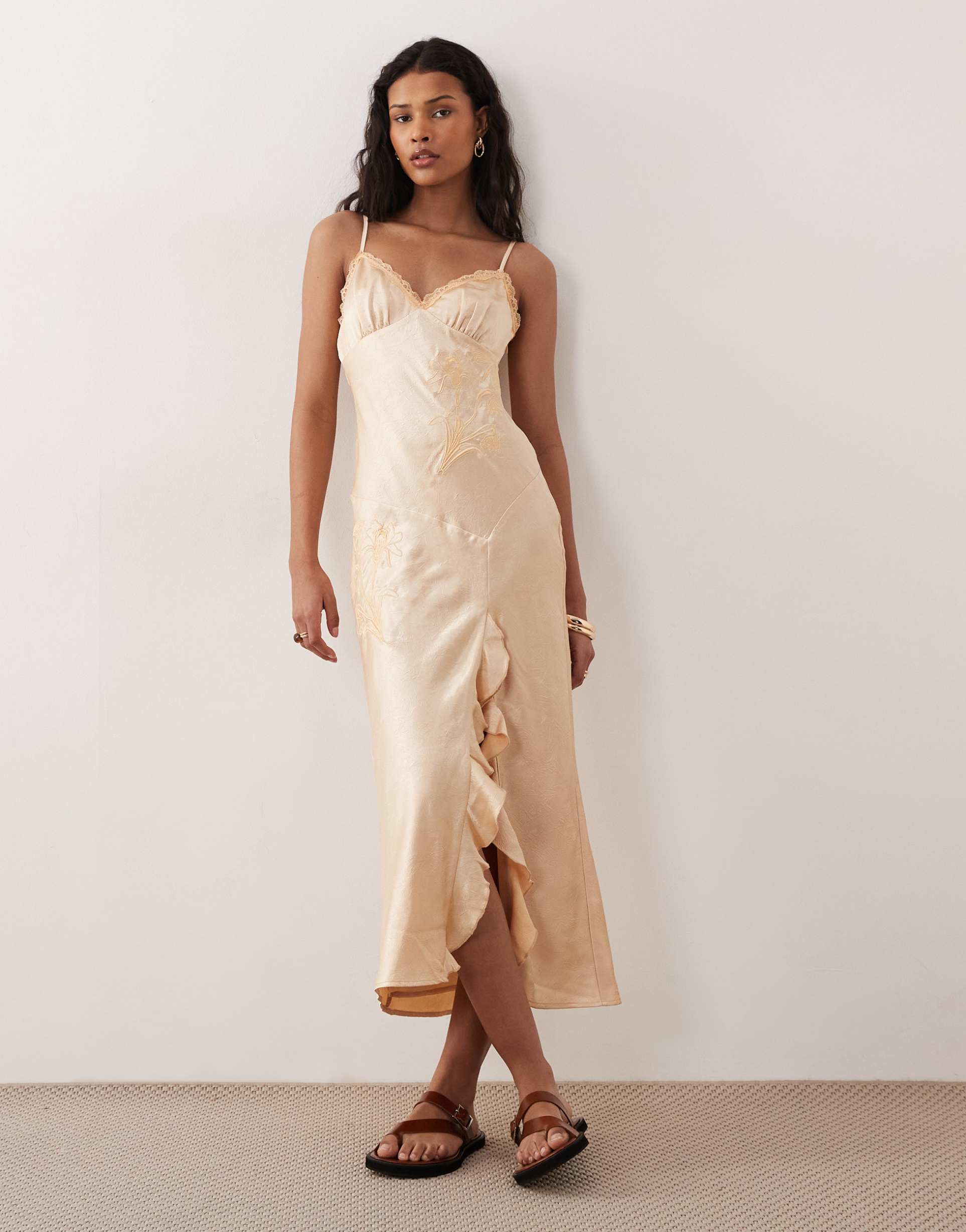kiss the sky helena embroidered satin midaxi dress in apricot