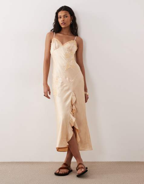 Kiss The Sky Helena embroidered satin midaxi dress in apricot