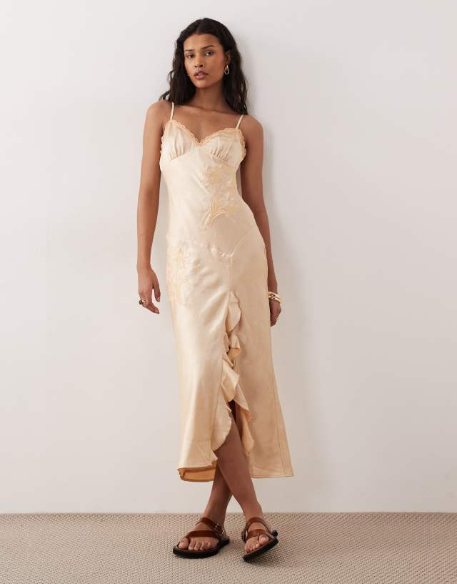 Kiss The Sky Helena embroidered satin midaxi dress in apricot | ASOS