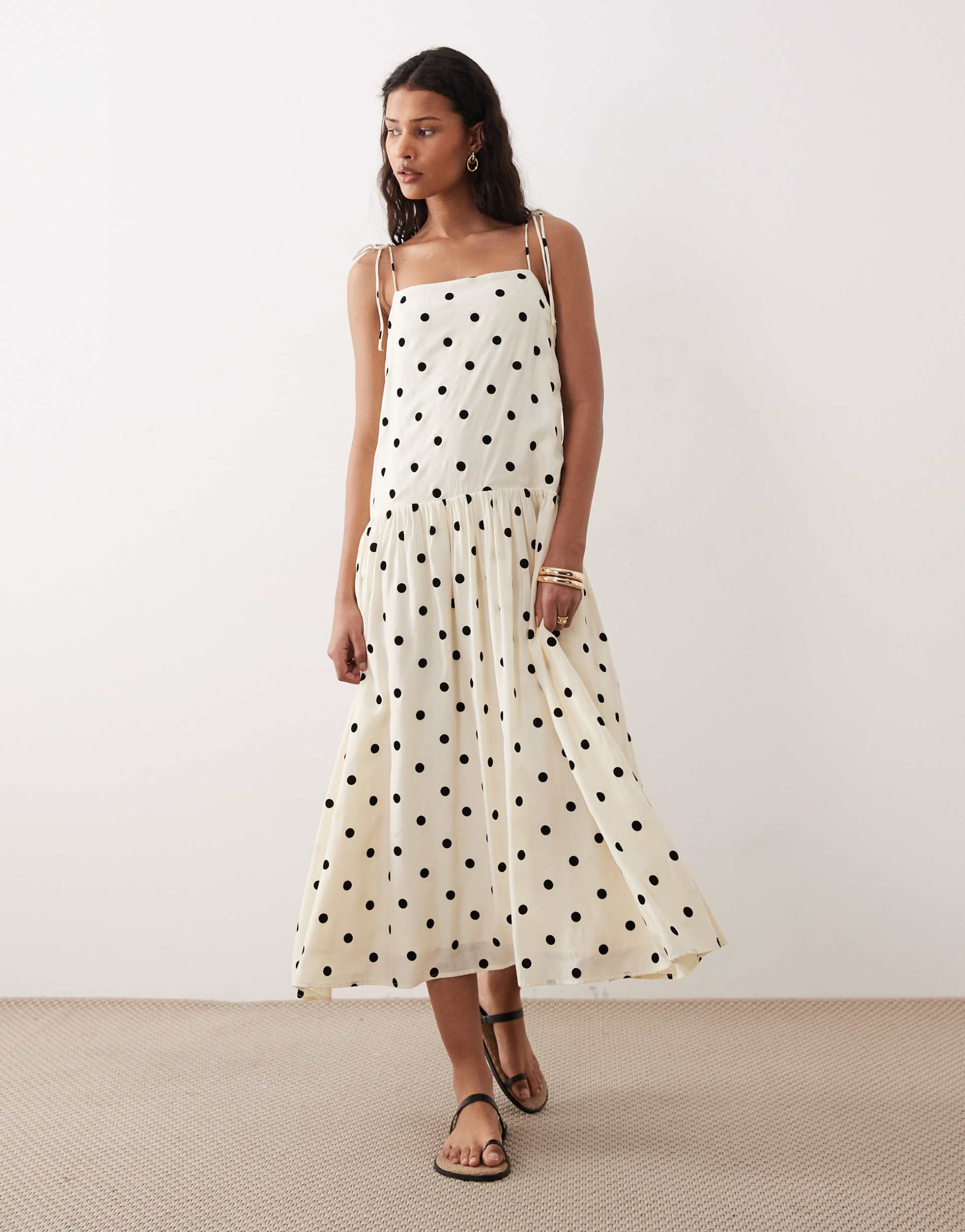 kiss the sky imani dropped waist maxi dress in black polka dots