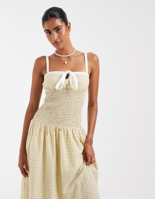 Kiss The Sky Jules shirred seersucker midaxi dress in lemon and