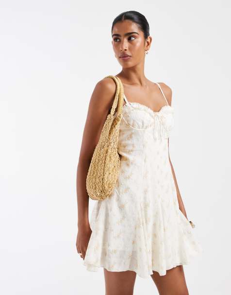 Kiss The Sky Juliette frill & Godet textured chiffon floral mini dress in cream coral - view 1