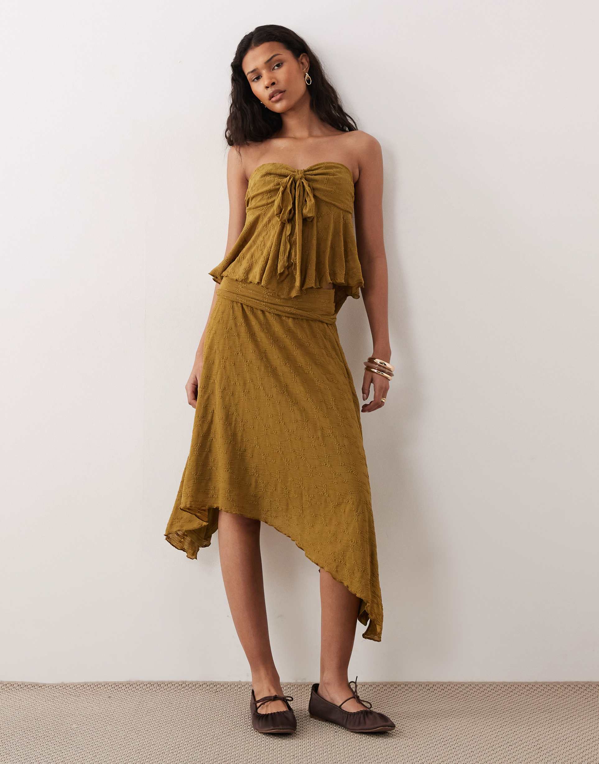 kiss the sky juniper handkerchief hem skirt in olive green