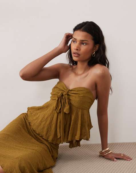 Kiss The Sky juniper strapless tie top in olive green