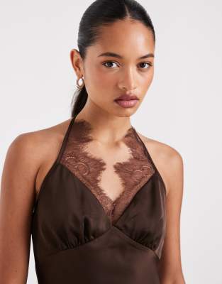 Kiss The Sky Lace Halterneck Top With Asymmetric Hem In Brown