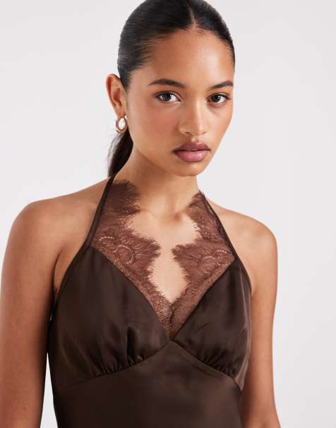 Kiss the Sky lace halterneck with asymmetric hem in chocolate - view 1