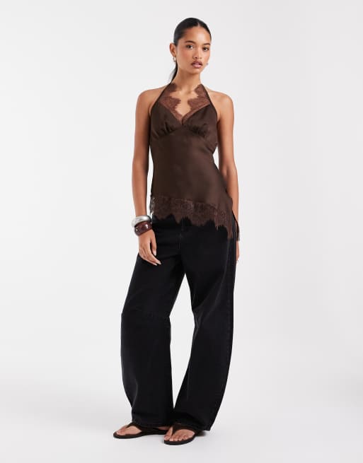 Kiss the Sky lace halterneck with asymmetric hem in chocolate, 2 of 4